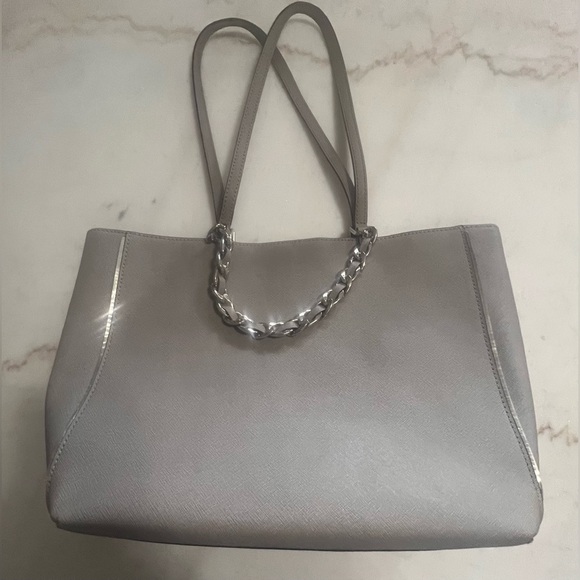 Michael Kors Harper Gray Saffiano Leather Tote Silver Hardware Shoulder Bag - Picture 6 of 11